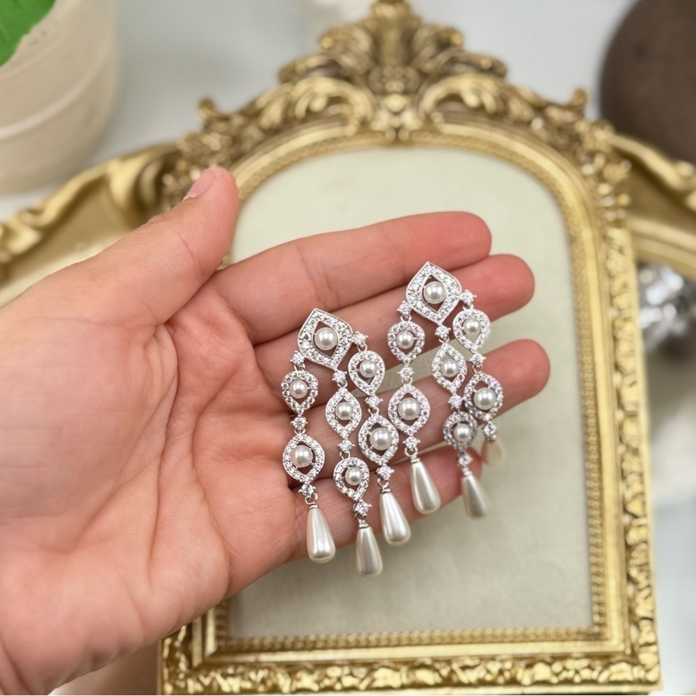 Elegant Cubic Zirconia Pearl Drop Statement Earrings Perfect for Special Occasio - Picture 5 of 12